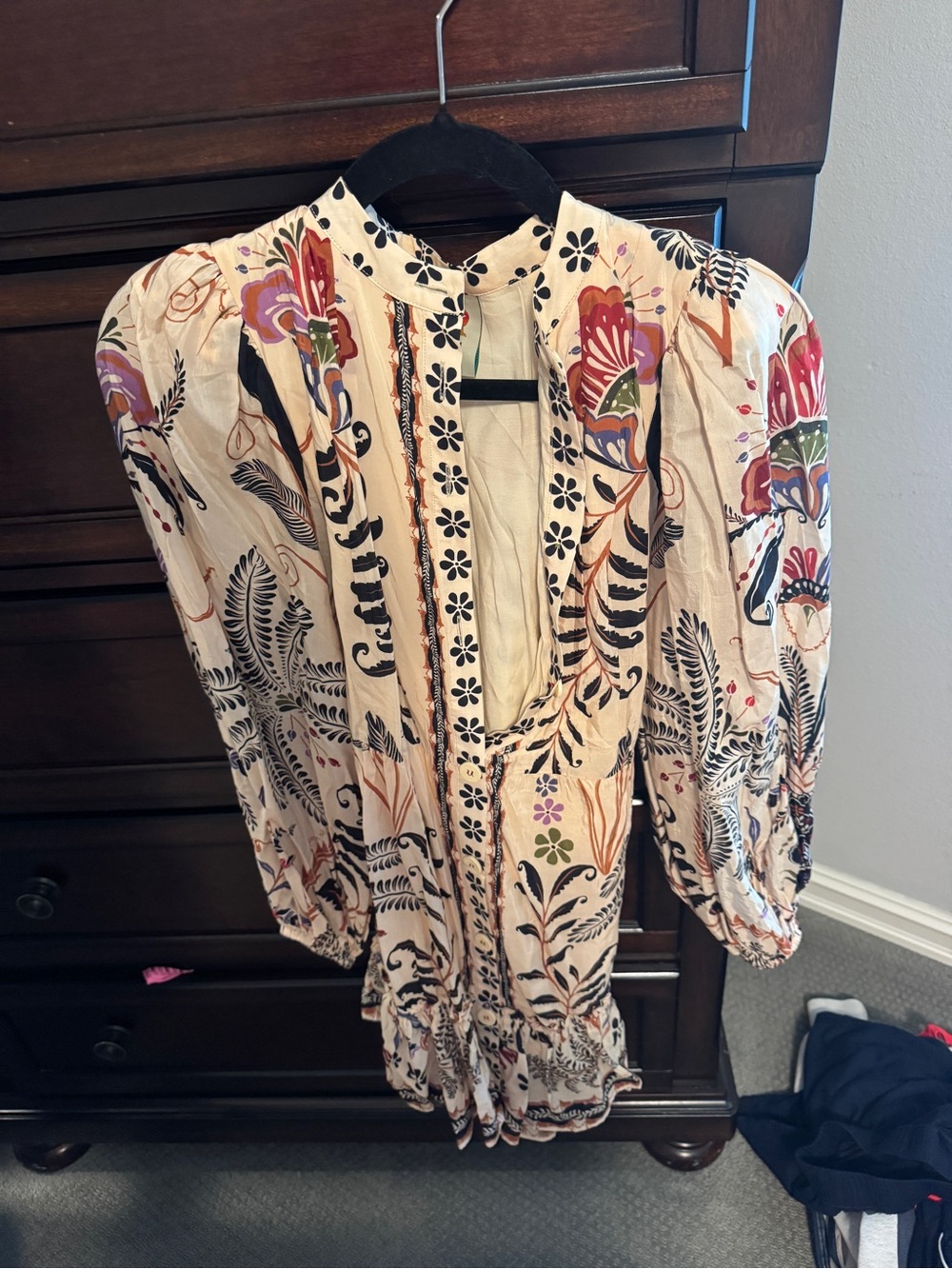 FARM Rio Cream Floral Printed Long-Sleeve Dress with Multi-Color Accents